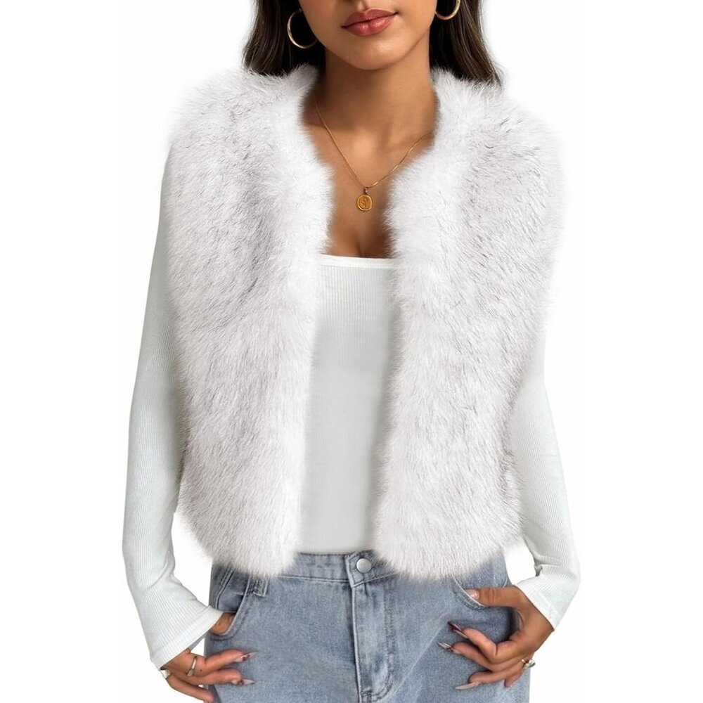 Women's White Faux Fur Vest Fall Fashion Sleeveless Fuzzy Jacket Fluffy Coats